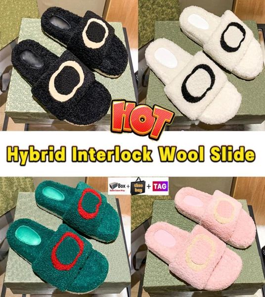 

hybrid interlock slippers wool slide flat fur fluffy furry sandals woman warm slides flat sandal with box shoes bag winter indoor 3640486, Black