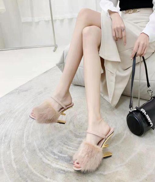 

nude f sculpted highheeled slippers metallic high heels open toes slipon slides fur with leather outsole sandals for women luxur3776249, Black