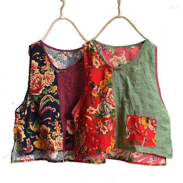 

women's tanks loose thin cotton sleeveless vest women summer chinese style vintage o-neck patchwork pocket floral printed, White