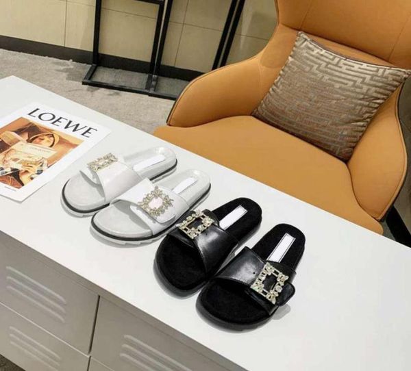 

slippers velcro sandals ladies square crystal frame luxury smooth calfskin slippers revival flat mules summer beach slippers size 5378447, Black