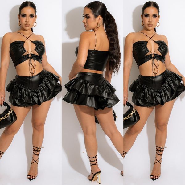 

dress 2022 casaul women skirt two piece set pu leather crop tank + mini dress streetwear party night tracksuit clothes for women, White