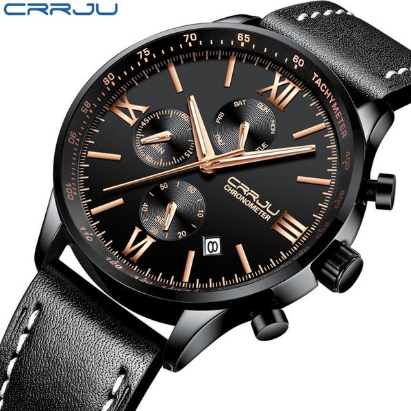 

crrju men's chronograph leather wristwatches military sports waterproof clock male business casual fashion dress quartz watch318x, Slivery;brown