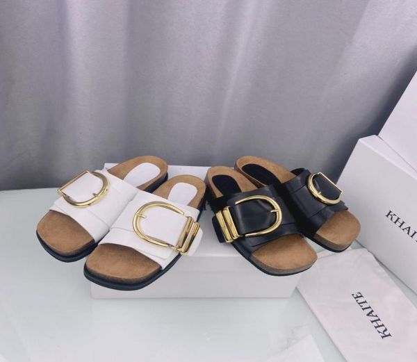 

khaite thompson buckled leather slides slippers luxe slipon beach sandals shoes genuine leather open toe casual flats for women l9531941, Black
