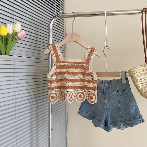 

clothing sets girl s korean hollow crochet knitting shirt summer sweet holiday style vest jeans kids clothes toddler tshirt denim shorts 230, White