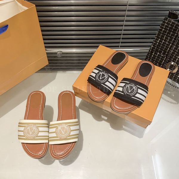 

designer slipper lock flat mule women fabric sandal linen flat heel slippers letters printing slides, Black