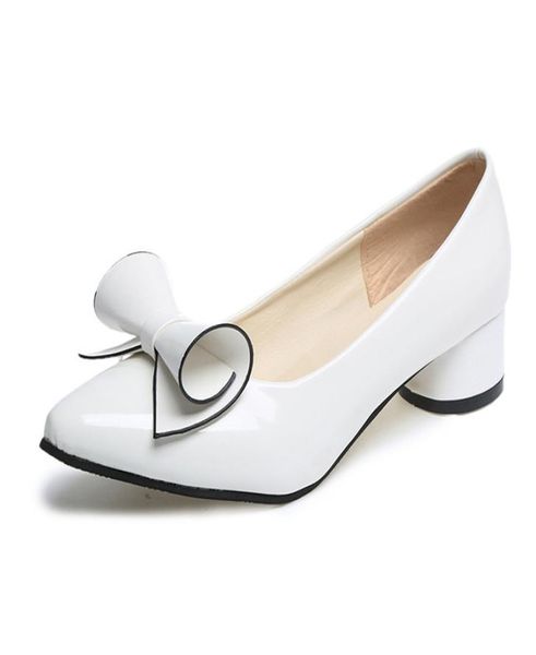

shoes women bow low heels ladies heels bridal shoes patent leather footwear female white red heels escarpins femme 2018 plus size 2759730, Black