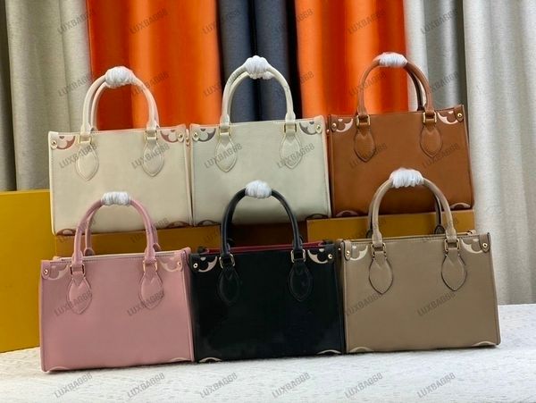 

designer women handbag mini onthego tote bag on the go pm shoulder bag 25cm black/cream beige cognac brown gradient embossed monograms patte