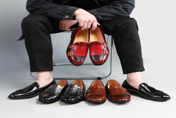 

british fashion men leather shoes pu casual fashion round head trend retro crocodile pattern double buckle comfortable breathable 2224811, Black
