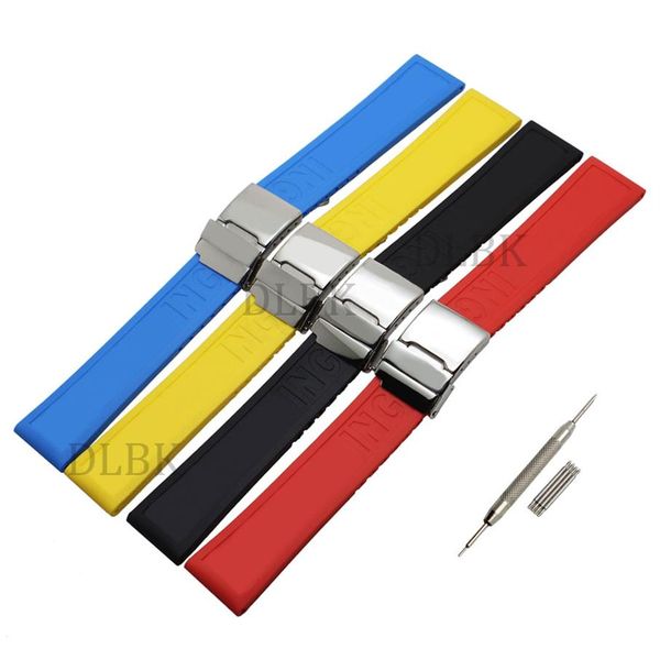 

22mm black blue red yellow hole section sport bracelet silicone rubber watch band strap stainless steel buckle for breitling tool246w, Black;brown
