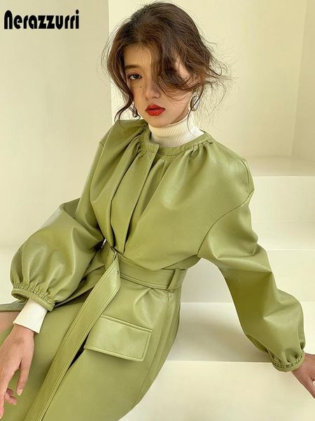

jackets nerazzurri spring long colored soft faux leather coats women lantern sleeve belt loose luxury casual korean fashion clothing, Black;brown