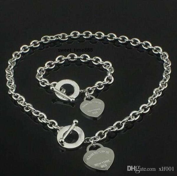 

sell birthday christmas brand luxury designer necklace plus bracelet set wedding statement jewelry heart pendant necklaces bangle sets 2 in, Silver