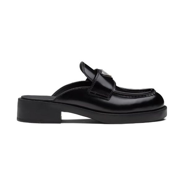 

designer loafers women dress shoes luxury metal triangle logo chocolate brushed leather mules eu3540 with box wedding party dress8677439, Black