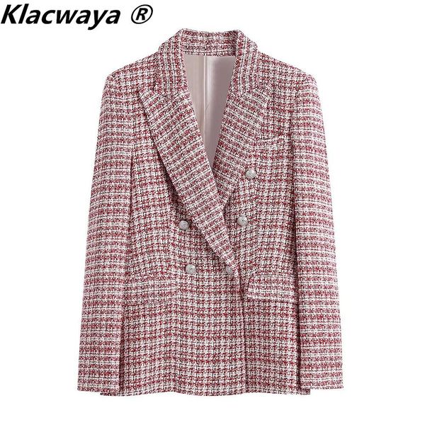

pants klacwaya women's jacket blazer coat tweed jackets for women 2021 pink autumn elegant suits long sleeve checked jacket female, White