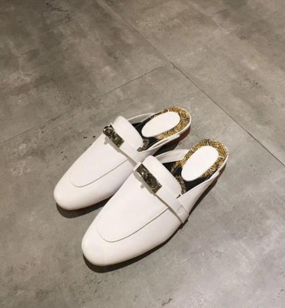

real leather slippers women summer casual scuffs imported calfskin good quality hardware saddle buckle comfortable shoes9587773, Black