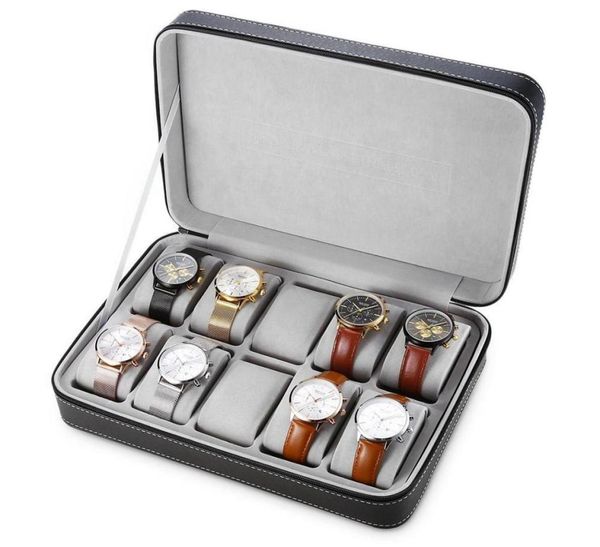 

watch boxes display 10 grids pu leather travel watch storage case zipper wristwatch box organizer holder for clock4580489, Black;blue