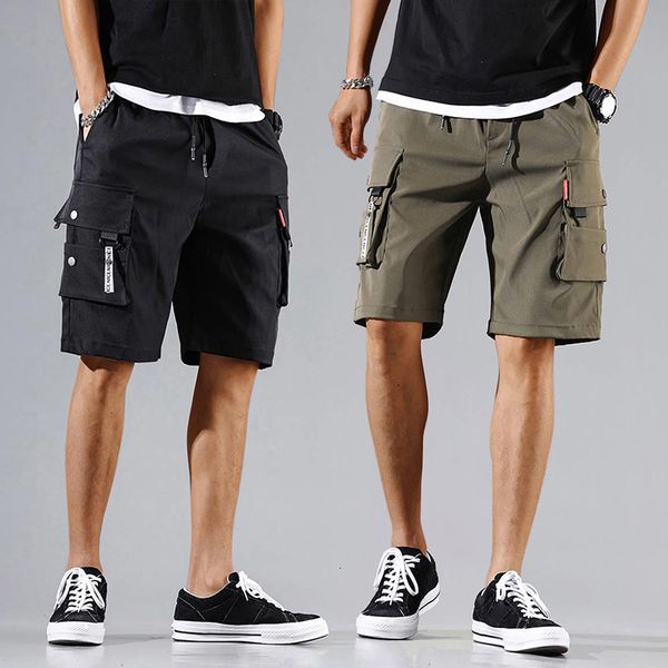 

men's shorts men cargo tactical joggers work casual pants male multi pockets buttons loose wide leg knee length summer 230419, White;black