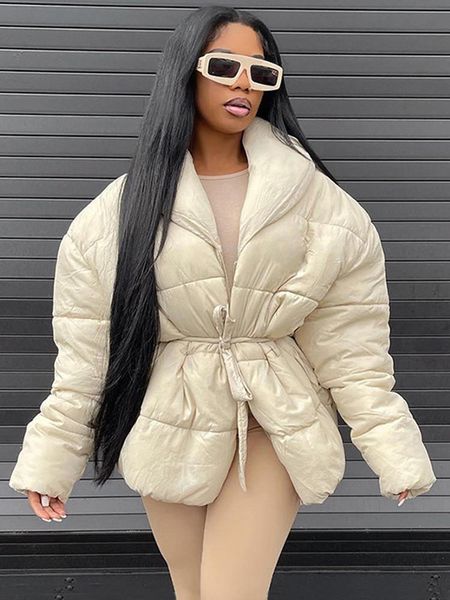 

leather sifreyr autumn winter warm puffer jacket women zip up long sleeve lace up cottonpadded outwear streetwear solid casual parkas, Black