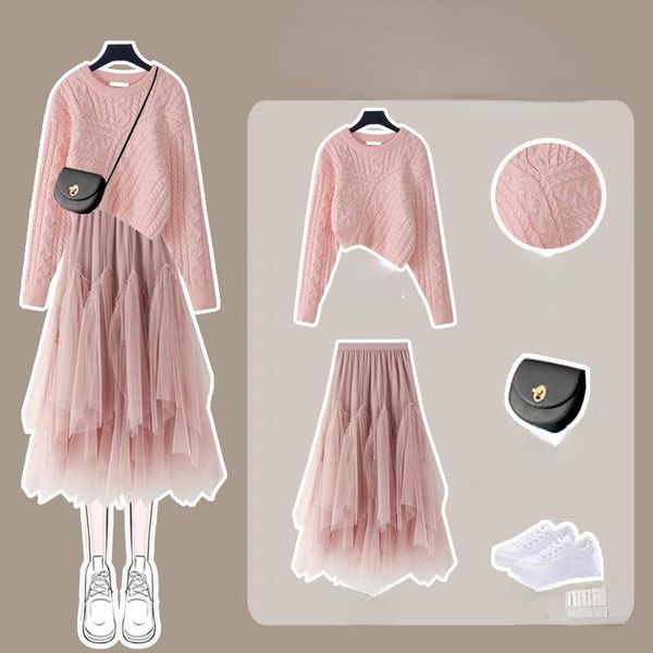 

dress woman vintage knit two piece set female sweater cardigan coat crop and midi mesh skirts sets ladies fashion casual suit g508, White