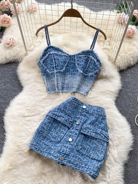 

dress prepomp 2022 women summer denim set strapless sling zipper design short button mini skirt short two piece suits ge857, White