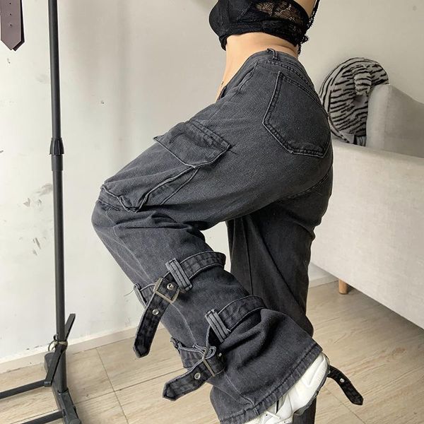 

jeans goth chic low waist jean retro grunge oversized women's fashion streetwear harajuku strap pocket retro skinny jean denim joggers, Blue