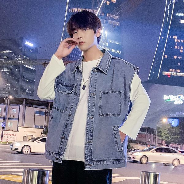

men's vests fashion jean jacket denim vest korean lapel coats waistcoat men cowboy casual sleeveless male clothes 230420, Black;white