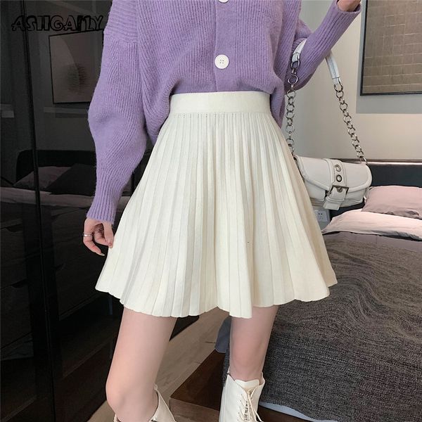 

skirts ashgaily knit pleated women high waist sweater autumn winter solid elastic knitting ribbed mini 230420, Black
