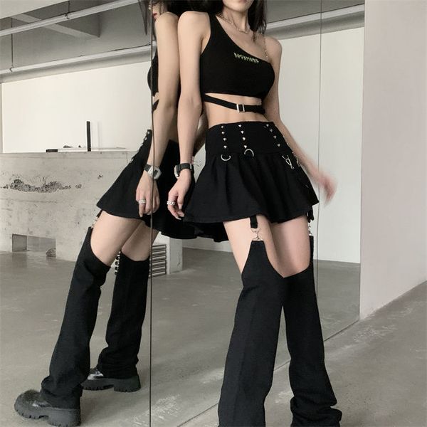 

two piece dress skirts with trouser legs gothic solid high waisted aline mini preppy style cool streetwear fashion 230419, White