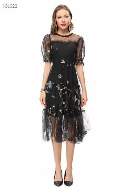 

lace embroidery mesh dress 2023 spring/summer new fashion mesh embroidery mid length dress, Black