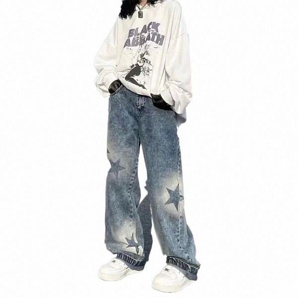 

womens jeans oversized washed star pattern baggy jeans high street loose straight y2k summer casual hip hop women 221017 p4kj#, Blue