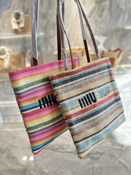 

designer bag girl's raffia beach bag braided straw bag women's mommy bag rainbow embroidery straw tote bag