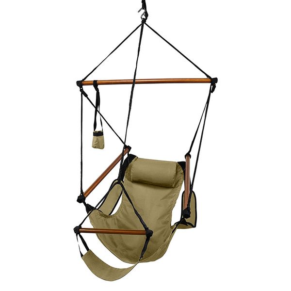 

hanging hammock camp air chair, wooden dowels, tan