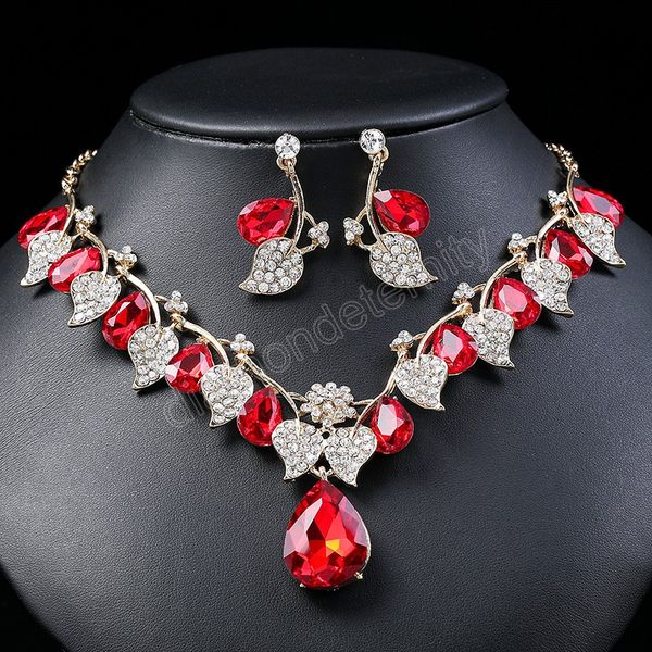 

leaves teardrop crystal wedding party jewelry sets gold color rhinestone bridal necklace earrings bijoux femme, Silver