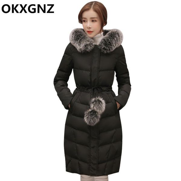 

leather 2019 winter new woman down jacket padded cotton long casual female parkas hooded wadded coat big fur collar jackets overcoat m75, Black