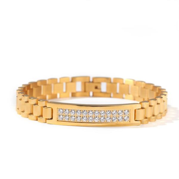 

stainless steel inlaid cz watch chain bracelet punk motorcycle diamond iced out gold silver link men's hip hop jewelry295j, Black;brown