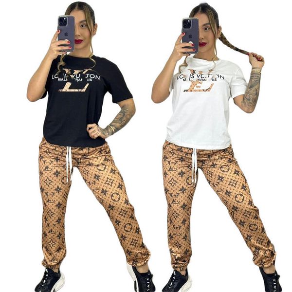 

2023 brand women letter tracksuits summer casual 2 piece sets short sleeve t-shirt pants fashion sports suit crew neck outfits pullover jogg, Gray