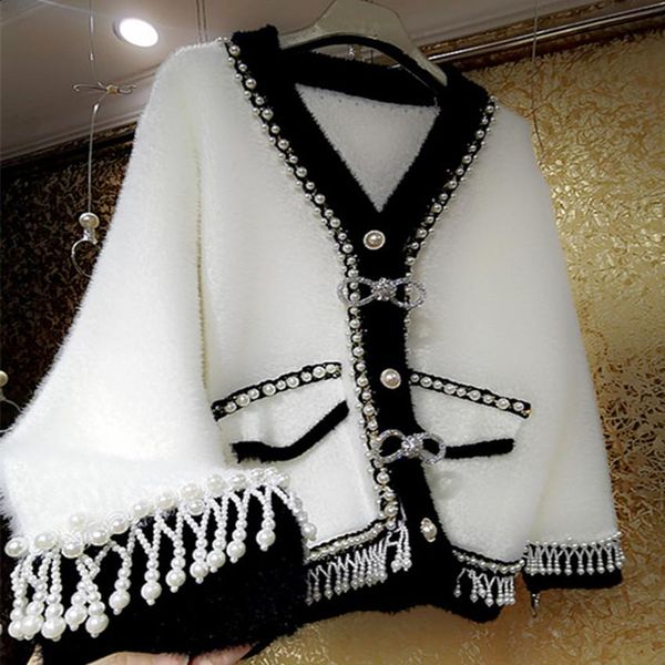 

sweaters luxury heavy industry winter beaded pearl tassel cardigan women vneck small fragrant thick outwear, White;black