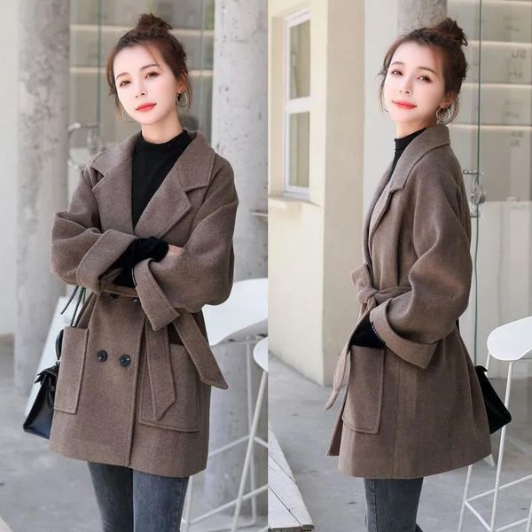 

fur 2022 new windbreaker women's coat vintage autumn winter coat wool coat loose casual jacket fashion long coat women's, Black