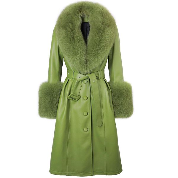 

jackets yoloagain plus size coat women real fox fur collar long genuine leather coat trench, Black;brown