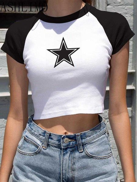 

women's t-shirt female y2k clothes star women tshirt harajuku retro fashion gothic short sleeve crop aesthetics short navel z0418, White