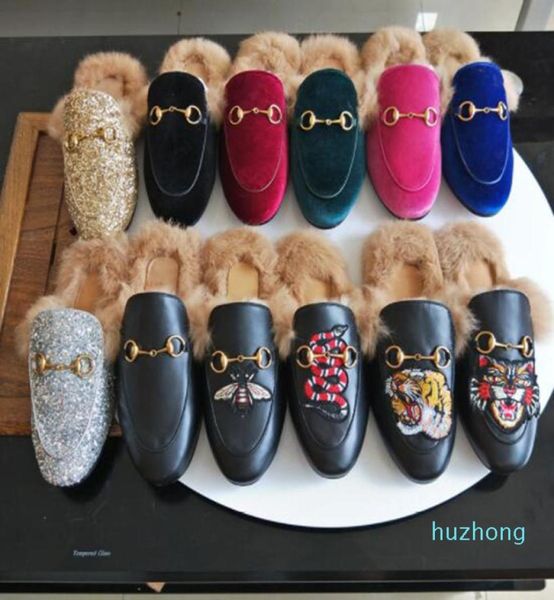 

fall and winter ladies luxury fur mule slippers ladies leather flat suede mule shoes love shoes fashion outdoor slippers5844761, Black