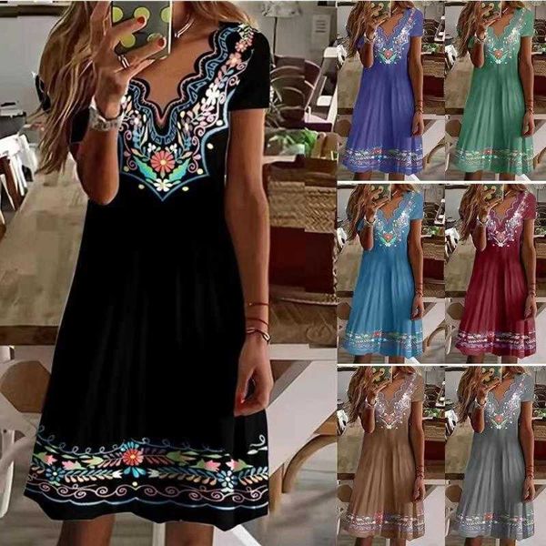

wave v neck casual dresses printed short sleeved summer pastoral dress, Black;gray