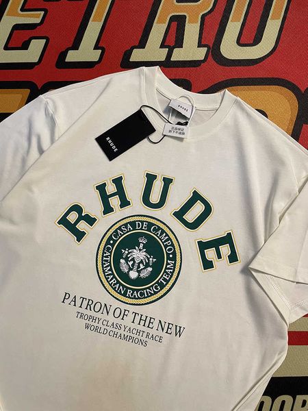 

designer fashion clothing tees hip hop tshirts american trend brand rhude high street letter green circle emblem printed t-shirt men's, White;black