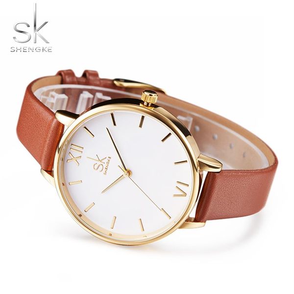 

shengke brand women watches simple leather wristwatch lady gold luxury dial watches mixmatch relogio feminino brown leather 2017239f, Slivery;brown