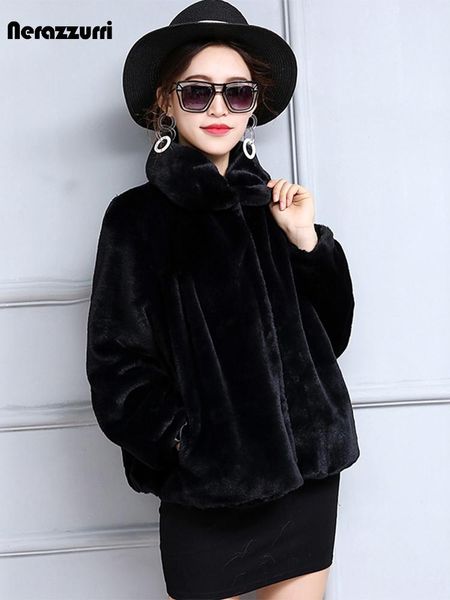 

fur nerazzurri autumn short light soft faux fur jacket women long sleeve high waist casual loose korean fashion pleated fluffy coat, Black