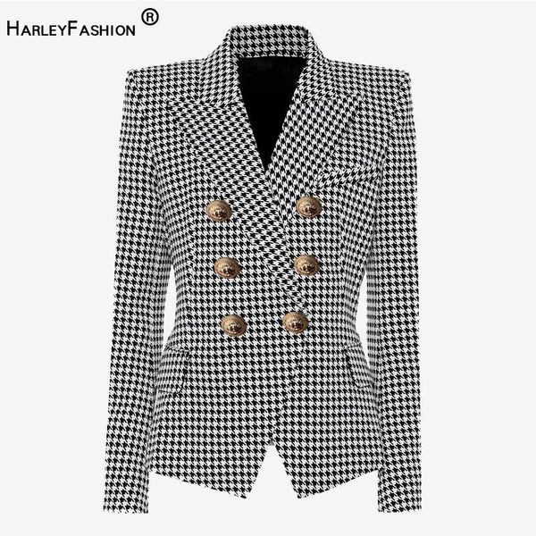 

pants harleyfashion autumn spring women casual slim blazer metal buttons houndstooth print blazers, White