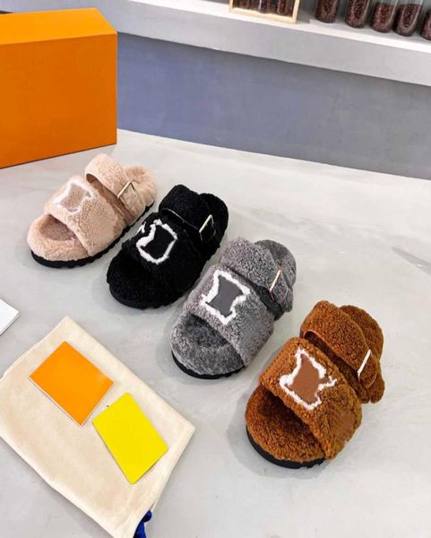

designer wool slippers paseo comfort slides soft calf leather sandals flat comfort mules winter fur fluffy furry letters slipper2424572, Black
