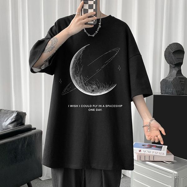 

men s t shirts hybskr simple stroke moon graphic men tshirt oversize letter print short sleeve t shirt cotton male streetwear basic 230420, White;black