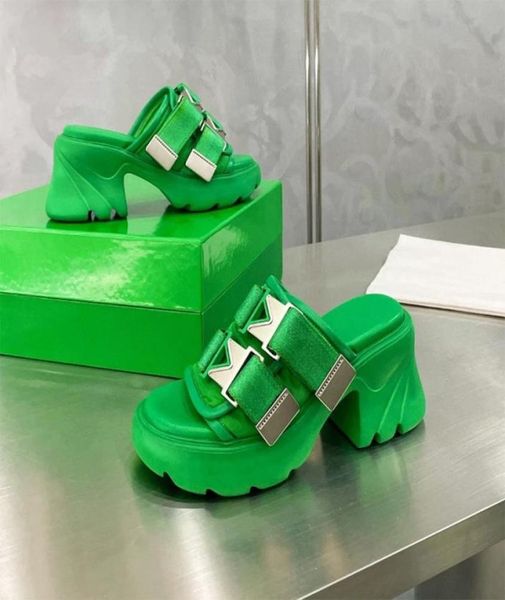 

2022 designer green leather chunky high heels slippers women platform open toe pumps casual party shoes woman for summer4942242, Black