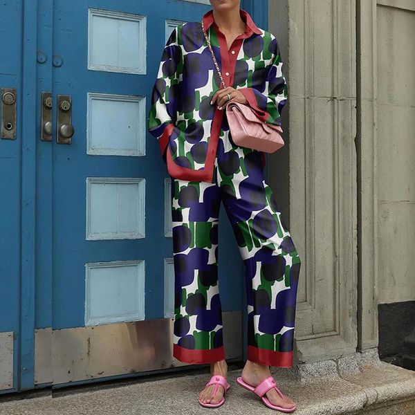 

pants women turndown collar button blouse with long pants homewear suit spring pattern print twopiece set autumn loose retro outfits, White