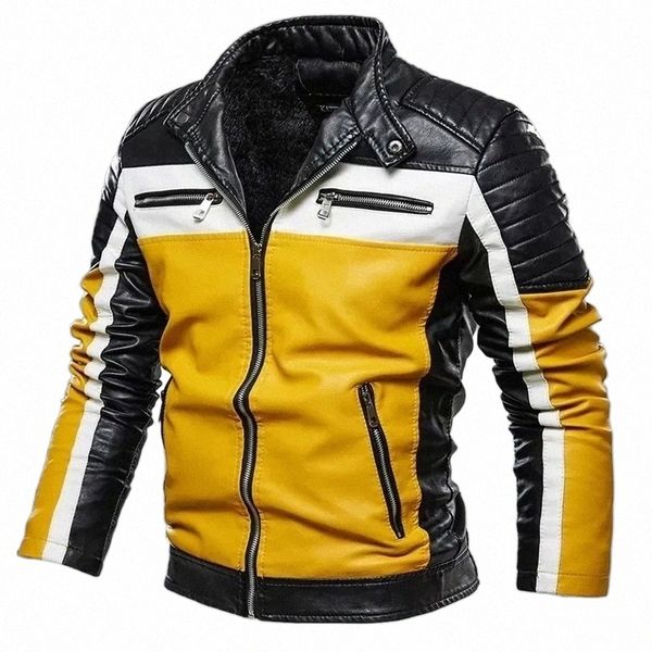 

mens jackets men yellow pu leather jacket patchwork biker jackets casual zipper coat male motorcycle jacket slim fit fur lined outwear coat, Black;brown